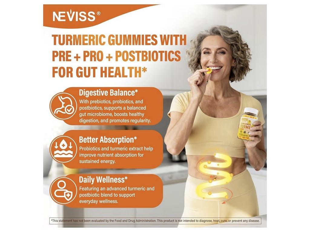 Neviss Turmeric Curcumin With Postbiotics Probiotics Prebiotics 60 Gummies 1Pack