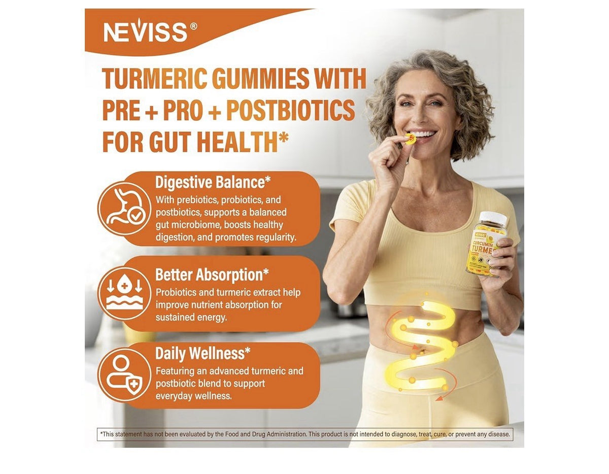 Neviss Turmeric Curcumin With Postbiotics Probiotics Prebiotics 60 Gummies 1Pack
