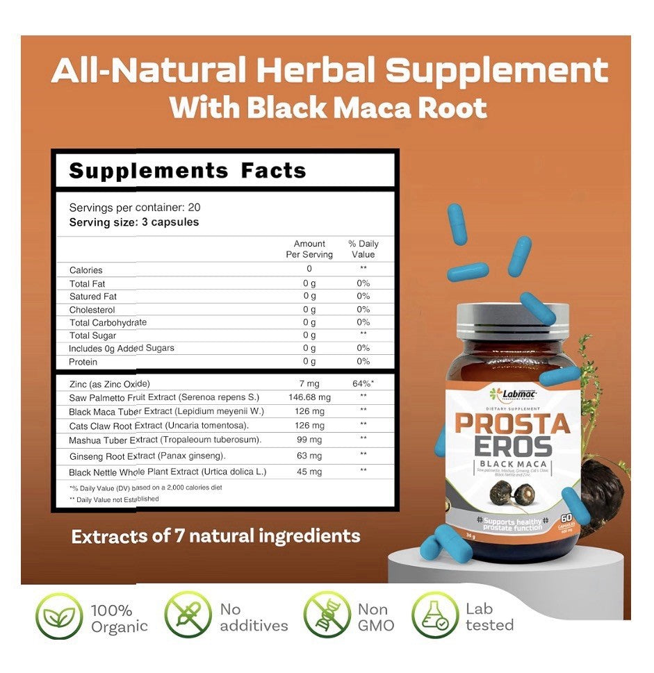 Prosta Eros Black Maca Prostate Support Supplement 7 Natural Ingredients 60 Caps