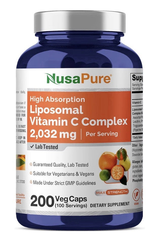 NusaPure Liposomal Vitamin C 2032mg Per Serving 200 Veg Capsules 100 Servings