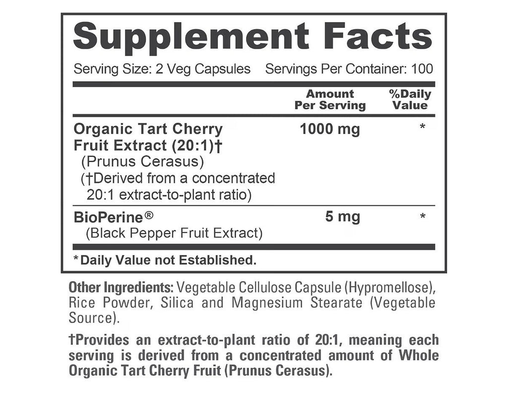 NusaPure Tart Cherry 1000mg Per Serving 200 Veg Capsules 100 Servings