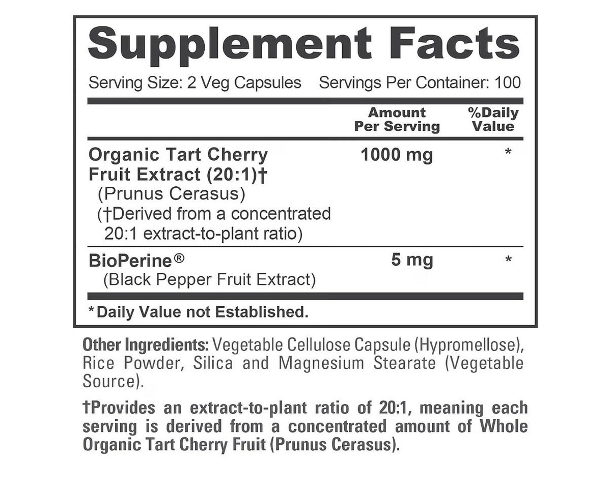 NusaPure Tart Cherry 1000mg Per Serving 200 Veg Capsules 100 Servings