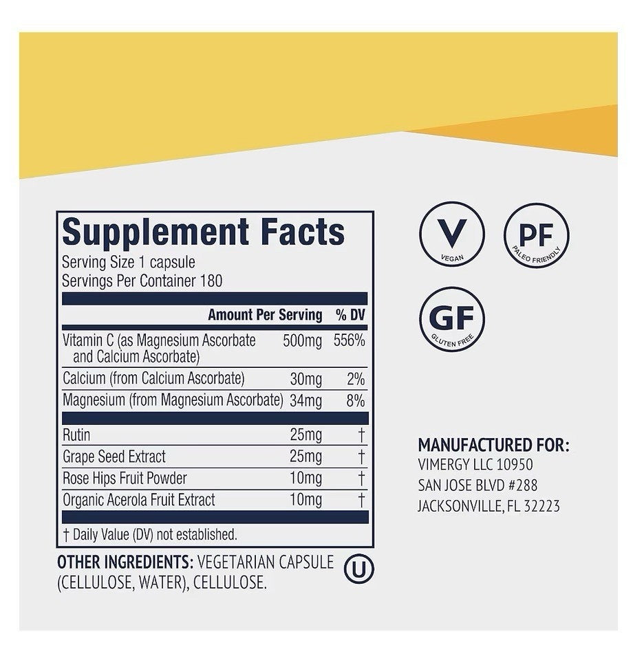 Vimergy Micro-C Vitamin C Capsules 500mg per Capsule Bones Immune Support 180cap