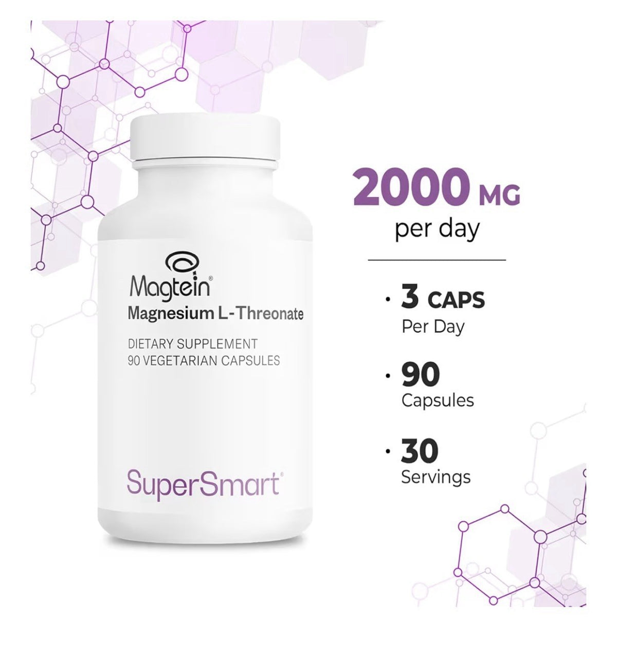SuperSmart Magnesium L-Threonate 2000mg per Day Supplement 120 Capsules