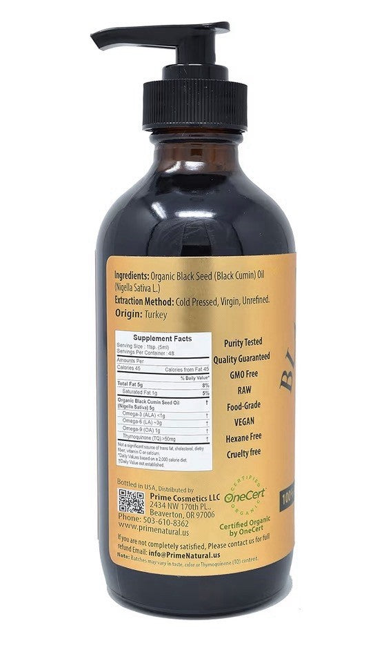 PRIME NATURAL Black Seed Oil Organic Cold Pressed Unrefined 8oz Nigella Sativa