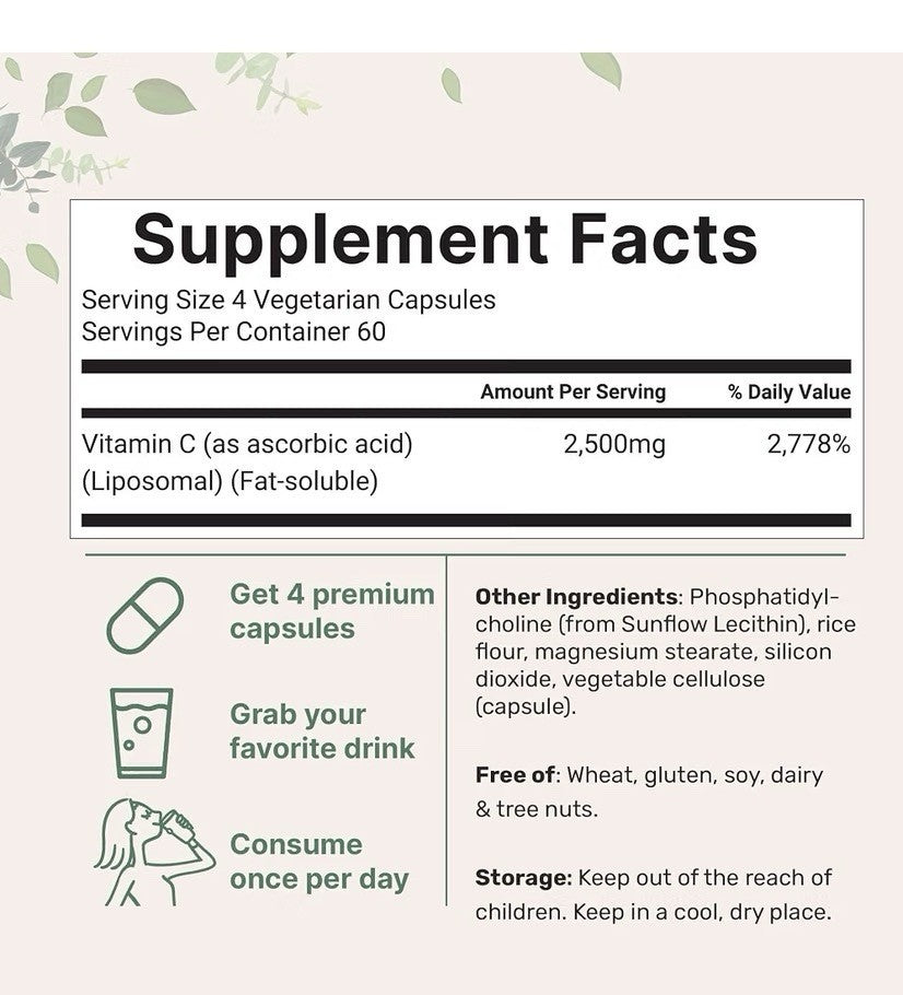 Micro Ingredients Liposomal Vitamin C 2,500mg 240 Capsules Highly Bioavailable