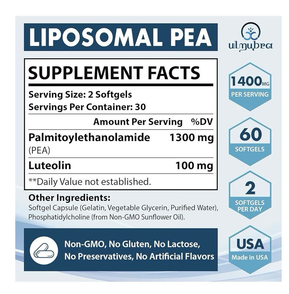 2 Pack Ulmubra Liposomal PEA Palmitoylethanolamide Luteolin Pain Management