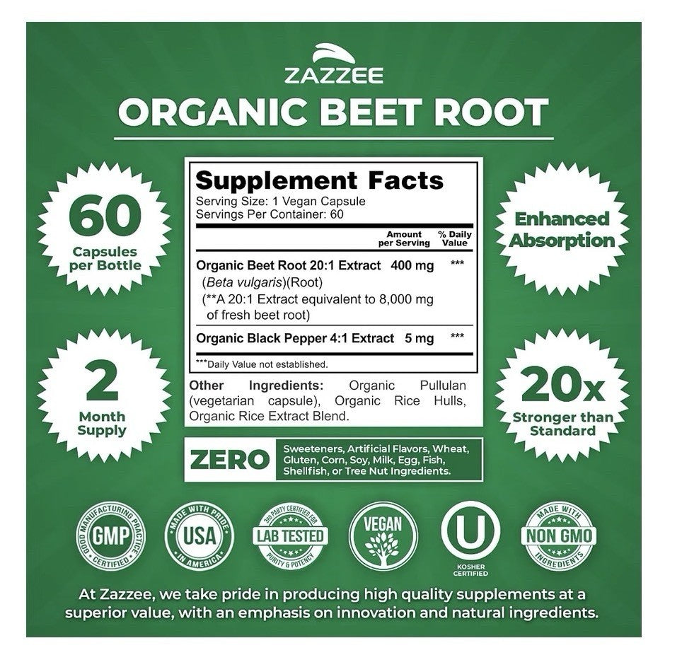 Zazzee Beet Root Nitric Oxide Support Healthy Energy Levels 2Month Supply 60caps
