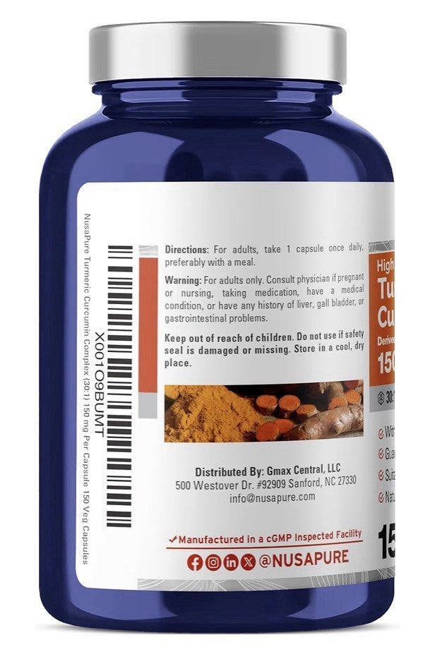 NusaPure Turmeric Curcumin Complex 150 mg Veg Caps with Bioperine 150 Servings