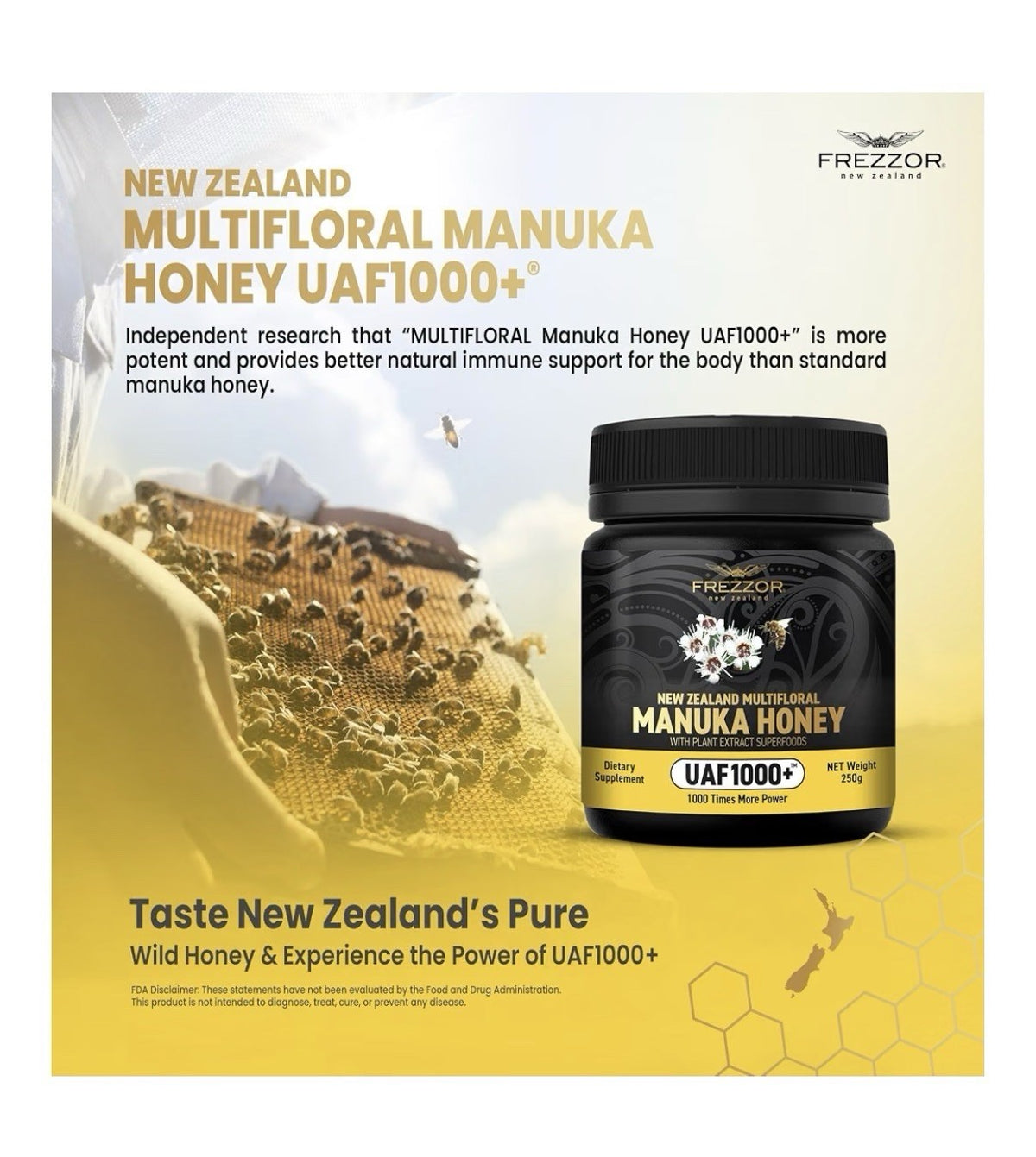 2 Pack FREZZOR Manuka Honey New Zealand Raw Multifloral UAF1000+ Antioxidants