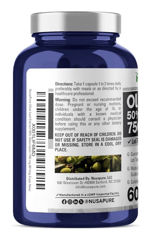 NusaPure Olive Leaf 50% Oleuropein 750mg Per Capsule 60 Capsules 60 Servings