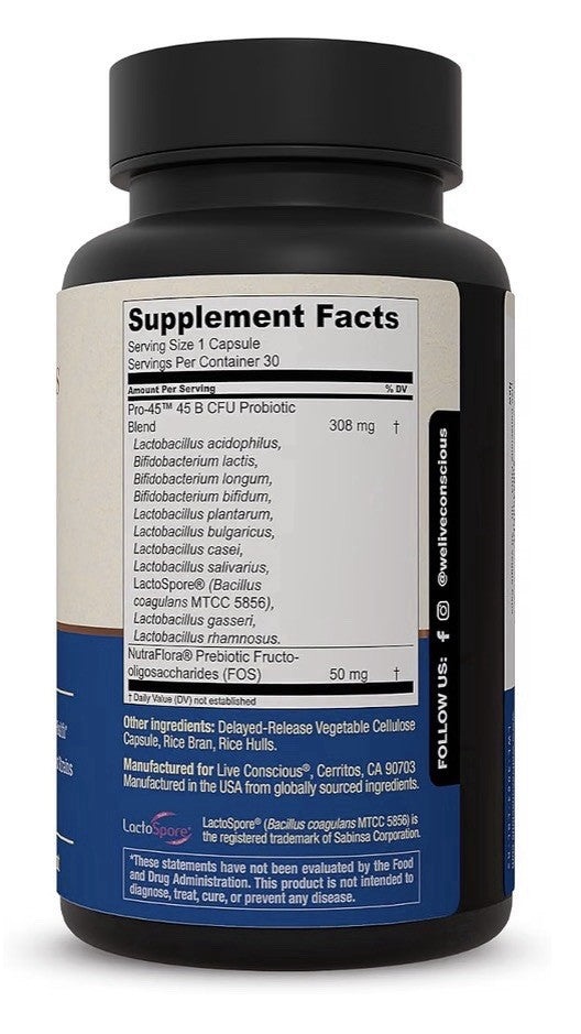 Live Conscious PRO 45 Probiotics With FOS Prebiotics for Women & Men 2 Pack
