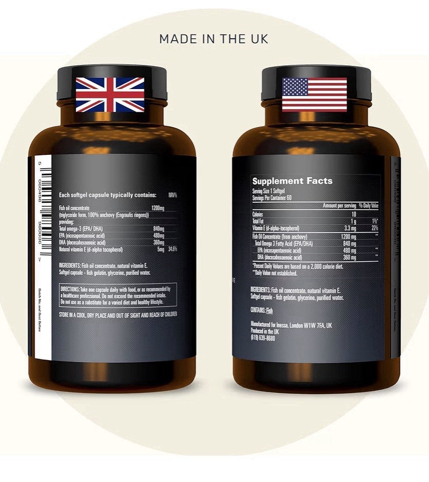 Inessa Omega 3 Fish Oil 1200mg 480mg EPA 360mg DHA per Capsule High Strength 60c
