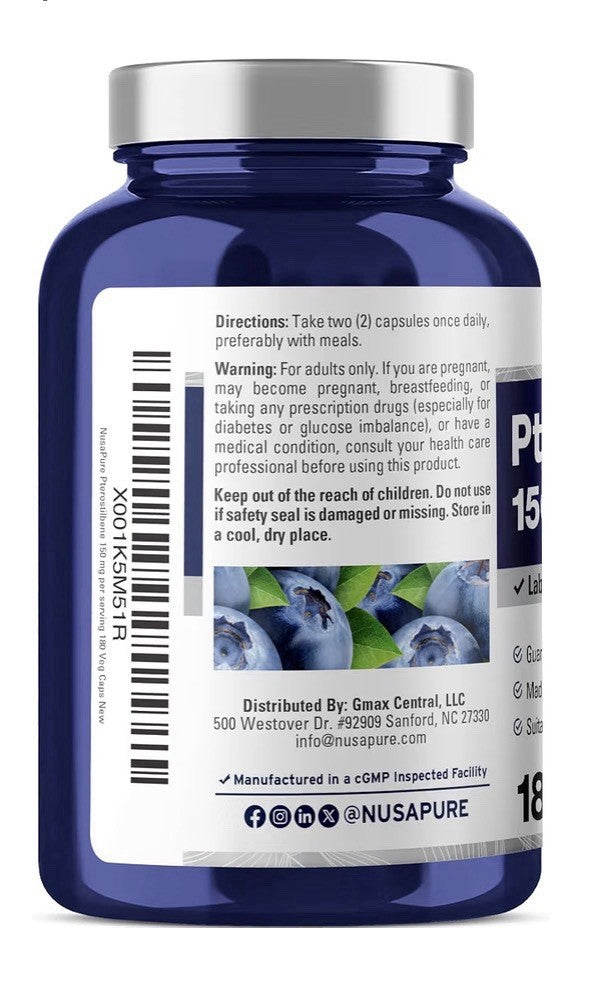 NusaPure Pterostilbene 150mg Per Serving 180 Veg Capsules 90 Servings
