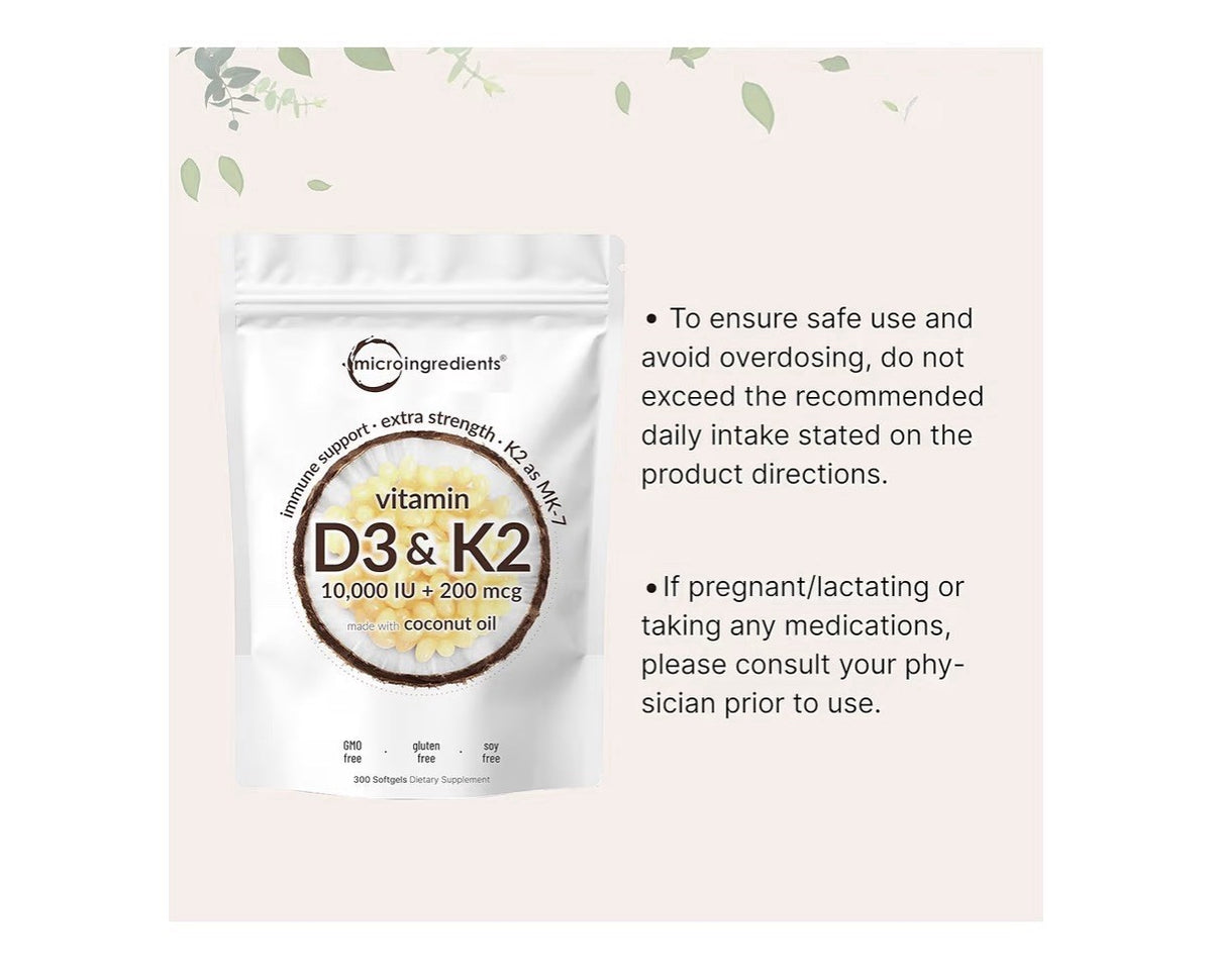 Micro Ingredients Vitamin D3 + K2 MK-7 10,000 IU D3 Per Serving 300 Softgels