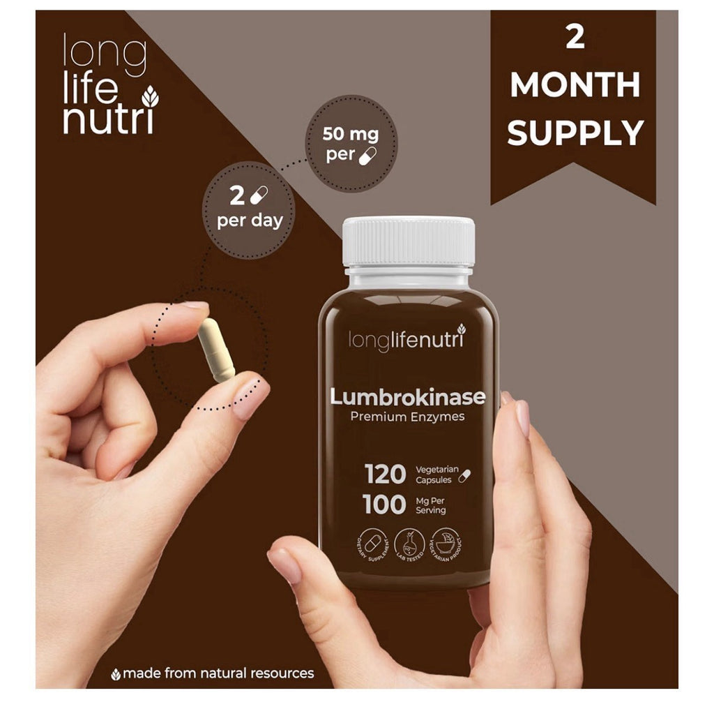 LongLifeNutri Lumbrokinase Premium Enzymes Supplement 100mg Per Serving 120 Caps