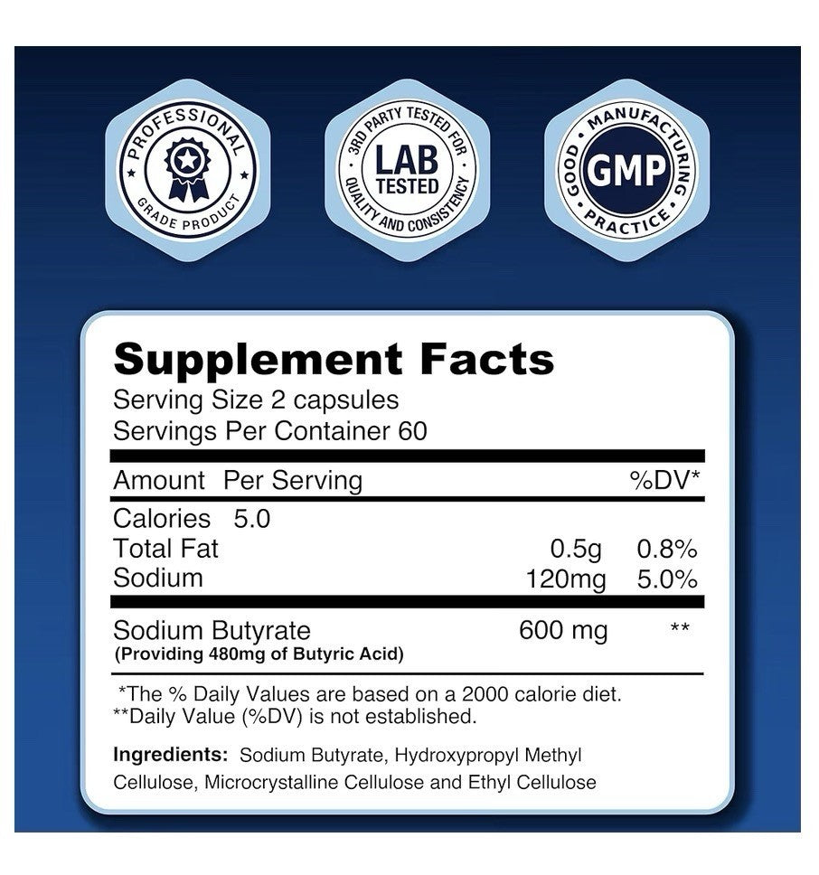 LongJuvity Sodium Butyrate Supplement 300mg Gut Health For Women, Men 120capsule
