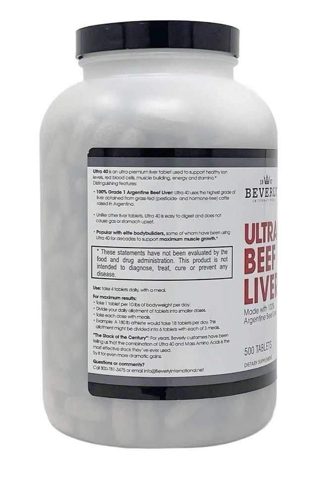 Beverly International Ultra 40 Beef Liver Grass Fed Muscle Growth Stamina 500Tab