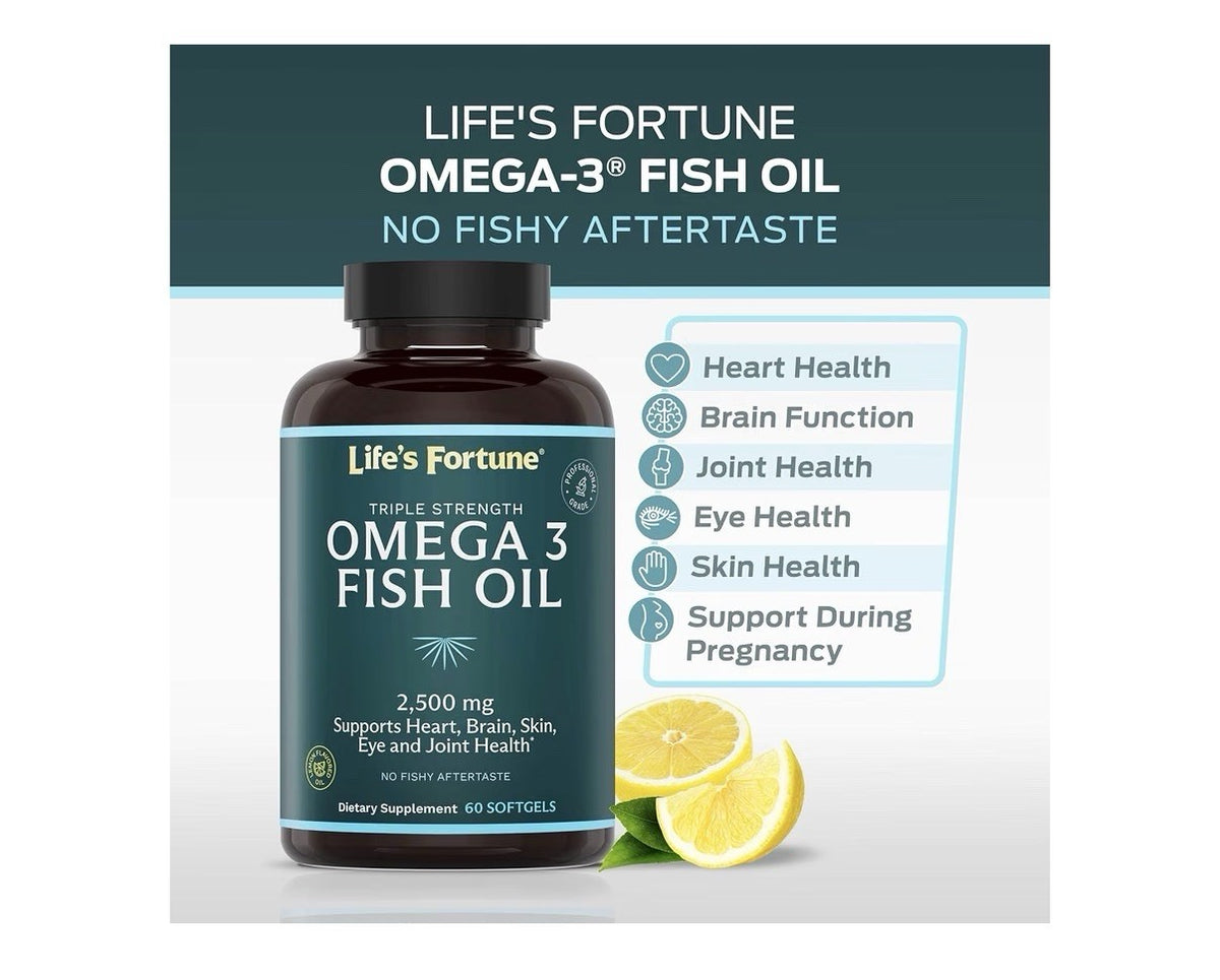 Life's Fortune Omega 3 Fish Oil 2500 mg Heart Brain Skin Eye Joint Health 60sgel