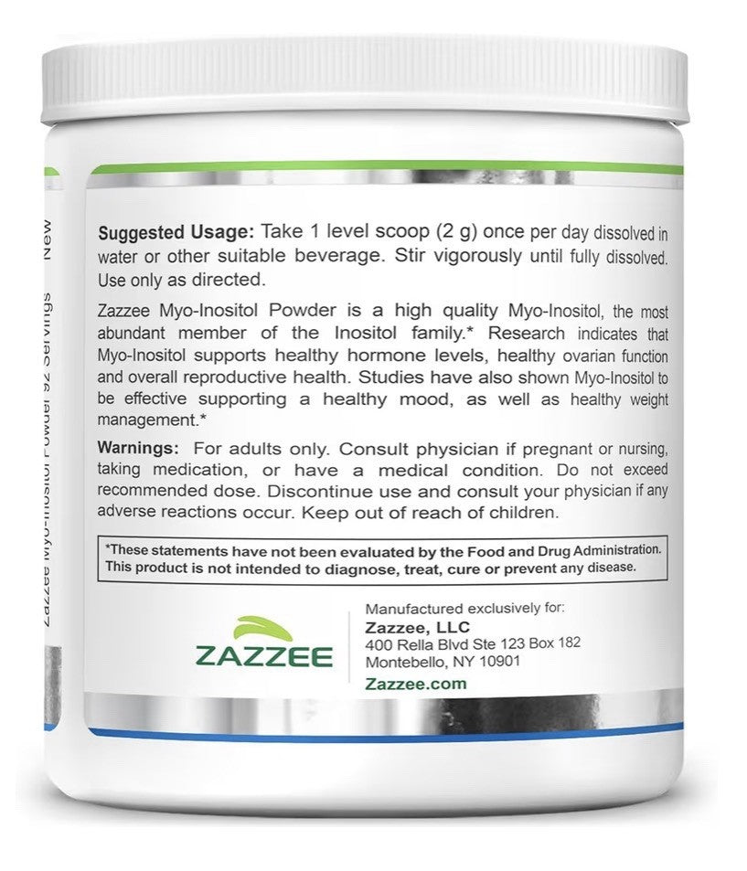 Zazzee Myo-Inositol Powder Ovarian Function Overall Reproductive Health 6.49 oz