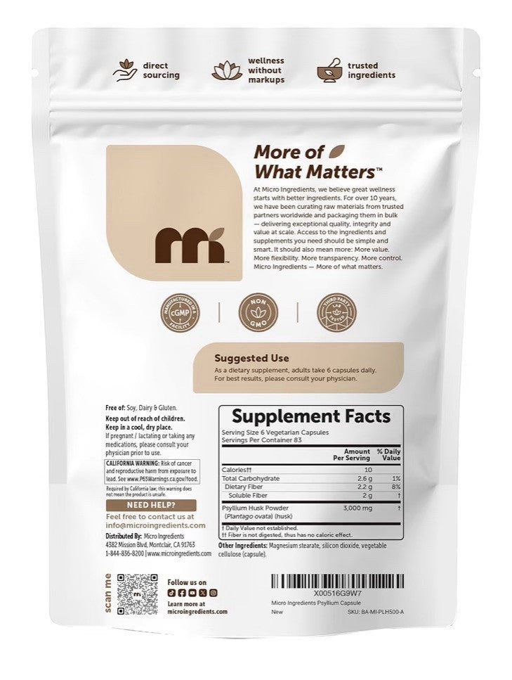 Micro Ingredients Psyllium Husk Capsules 3000mg Per Serving 500 Capsules