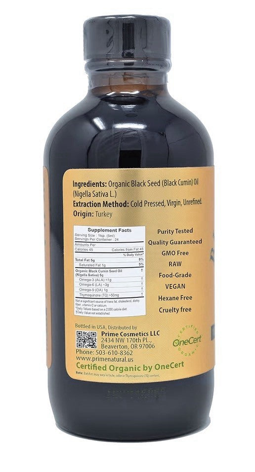 PRIME NATURAL Black Seed Oil Organic Cold Pressed Unrefined 4oz Nigella Sativa