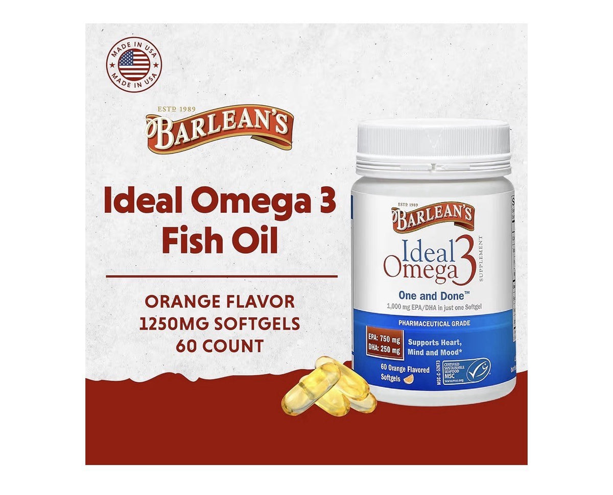 Barlean's Ideal Omega 3 Fish Oil EPA DHA Heart Mind Mood Brain Health 60softgels