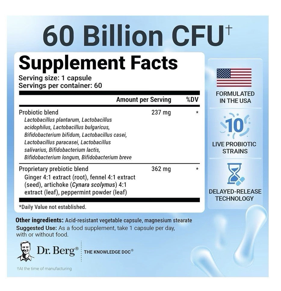 Dr. Berg Probiotics Probiotic Blend 60 Billion CFUs  For Digestive Health 60caps