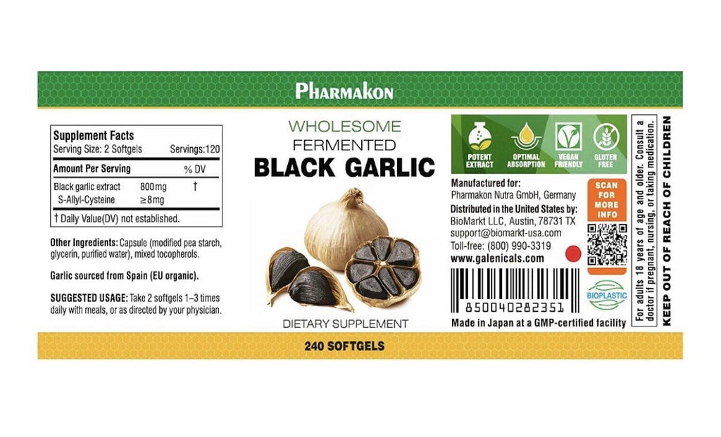 PHARMAKON Fermented Black Garlic Organic Black Aged Garlic Bioavailable 240sgel