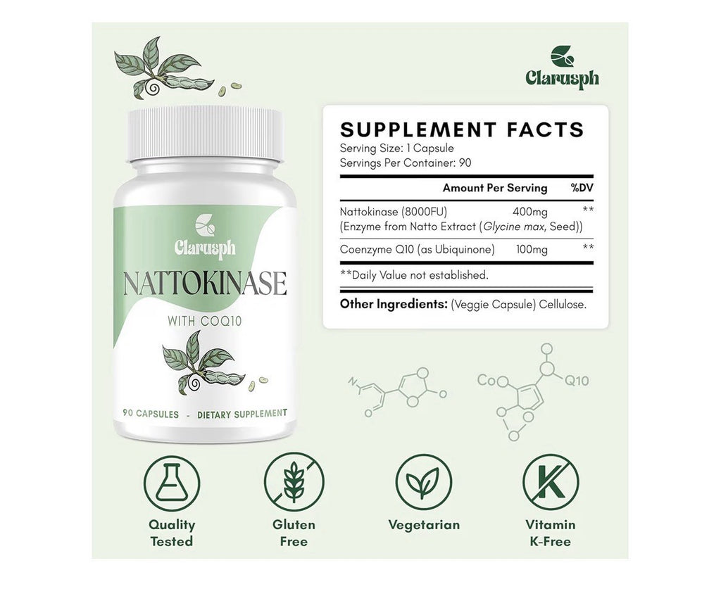 Clarusph Nattokinase With CoQ10 Supplement Circulation Supplements 90 Capsules