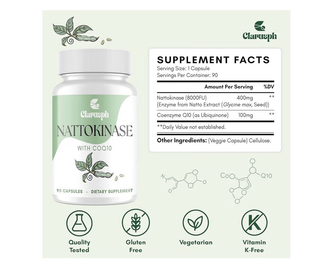 Clarusph Nattokinase With CoQ10 Supplement Circulation Supplements 90 Capsules