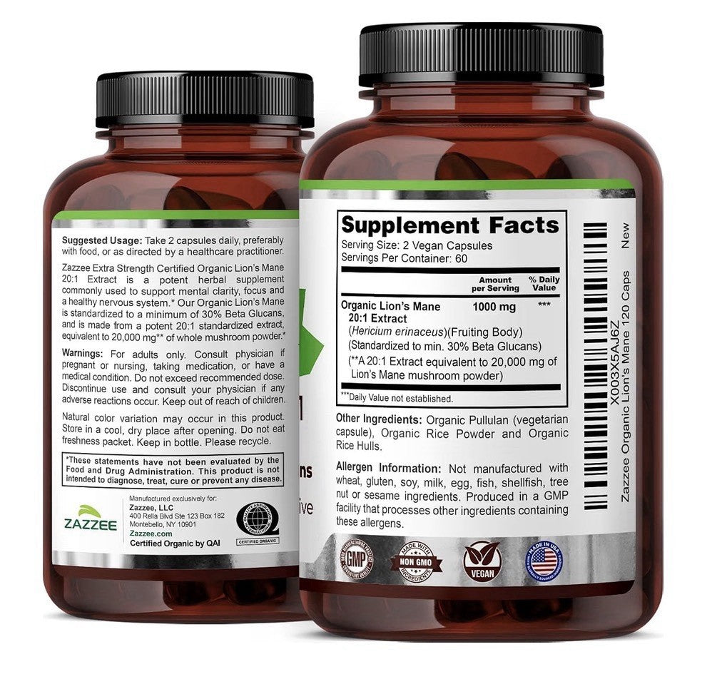 Zazzee Lion's Mane 30% Beta Glucans Supports Cognitive Function 2 Month Supply