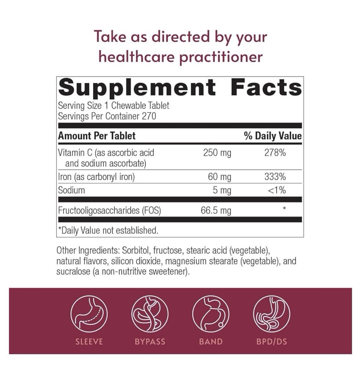Bariatric Advantage Chewable Iron 60mg Vitamin C Bariatric Surgery Patient 270Ta