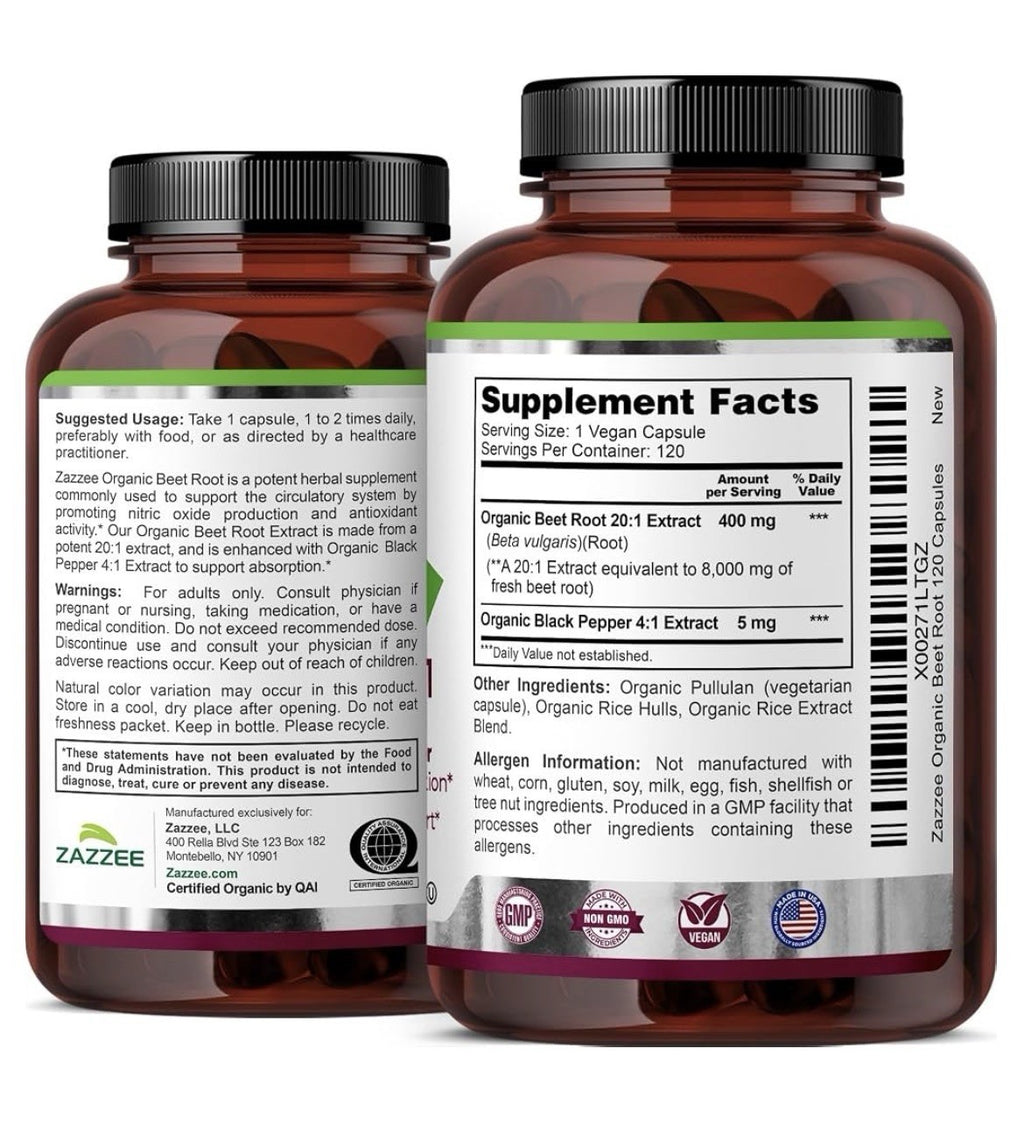 Zazzee Beet Root Nitric Oxide Support Healthy Energy Levels 4Month Supply 120cap