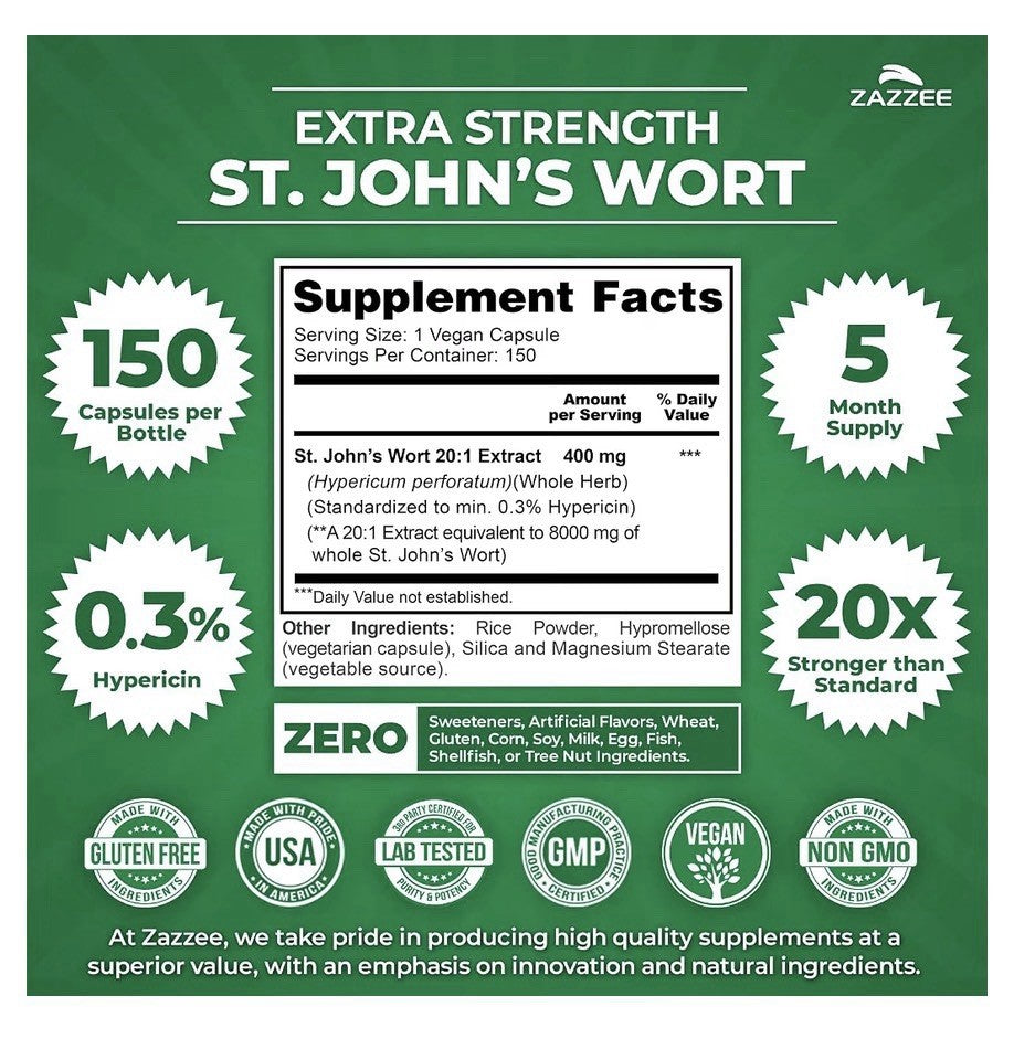Zazzee St. John’s Wort Supports Wellbeing , Positive Mood 0.3% Hypericin 150Caps