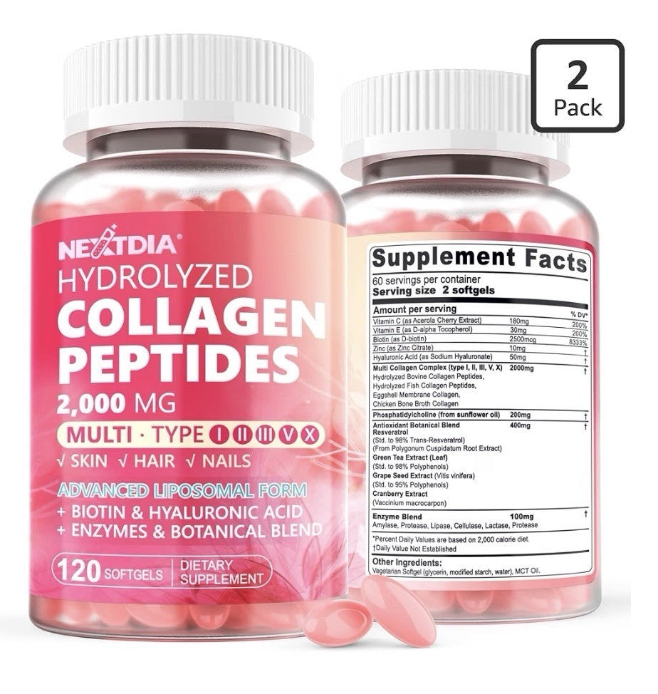 2 Pack Nextdia Hydrolyzed Collagen Peptides 2000 MG For Women Skin Hair Nails