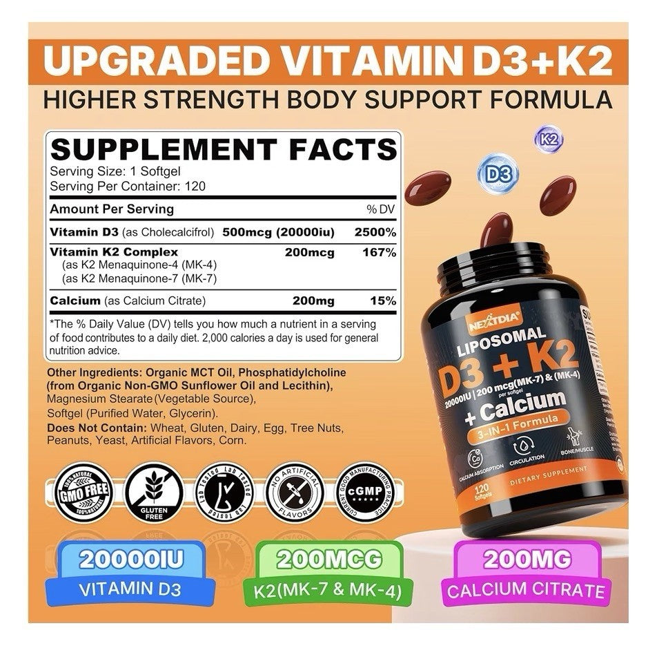 2 Pack Nextdia Liposomal D3 + K2 (MK4 & MK7) + Calcium Bone Muscle Circulation