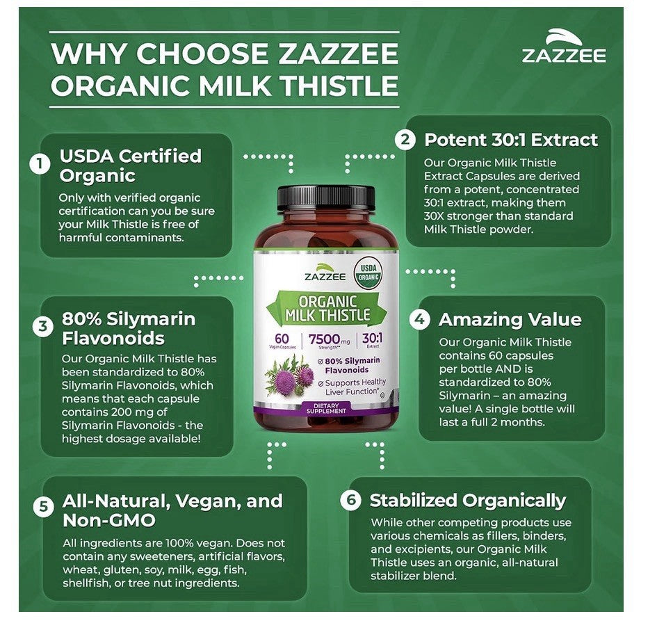 Zazzee Organic Milk Thistle 80% Silymarin Flavonoids Healthy Liver Function 60ca