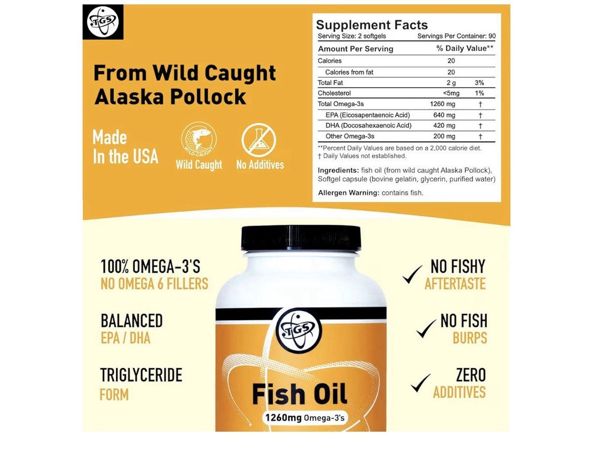 TGS Nutrition Fish Oil Wild Omega 3 Supplement 1260mg For Women & Men 180 Caps