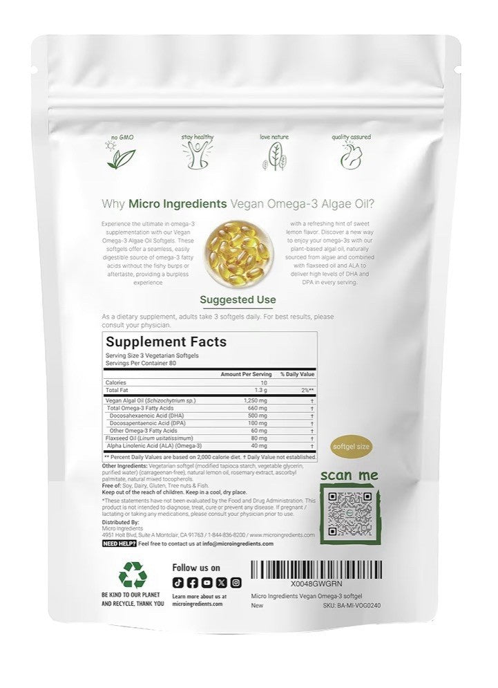 Micro Ingredients Vegan Omega 3 Algae Oil 1,250mg Per Serving 240Veggie Softgels