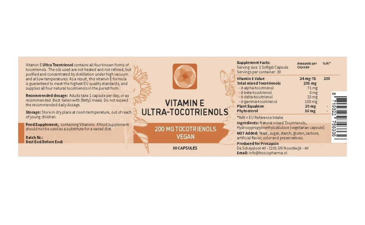 Procapsin Ultra Tocotrienol 200mg Vitamin E Vegan All 4 tocotrienols 30 Capsules