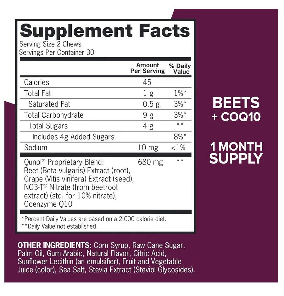 Qunol Blood Pressure Support Beet with CoQ10 Heart Circulation Health 60 Chews