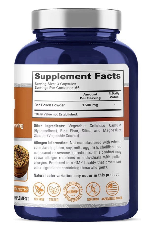 NusaPure Bee Pollen 1500mg 200 Veg Capsules 66 Servings