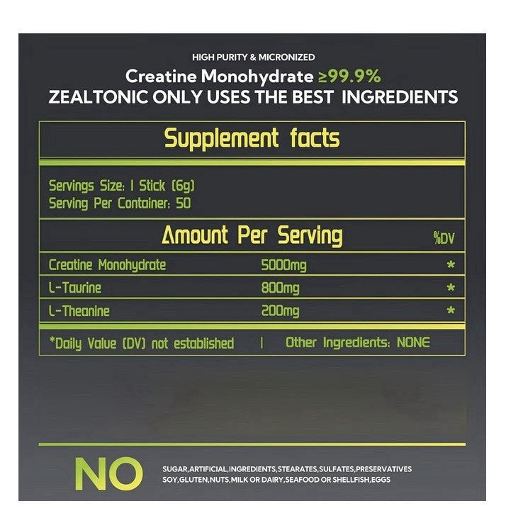 Zealtonic Creatine Monohydrate 5000mg 99.9% Micronized Powder 50 Stick 50serving