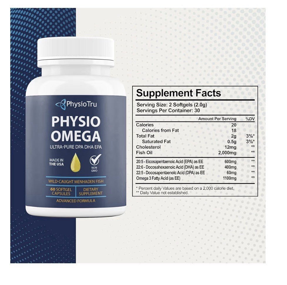 4 Pack PhysioTru Physio Omega 2400mg Fish Oil with Omega 3 Fatty Acid Supplement