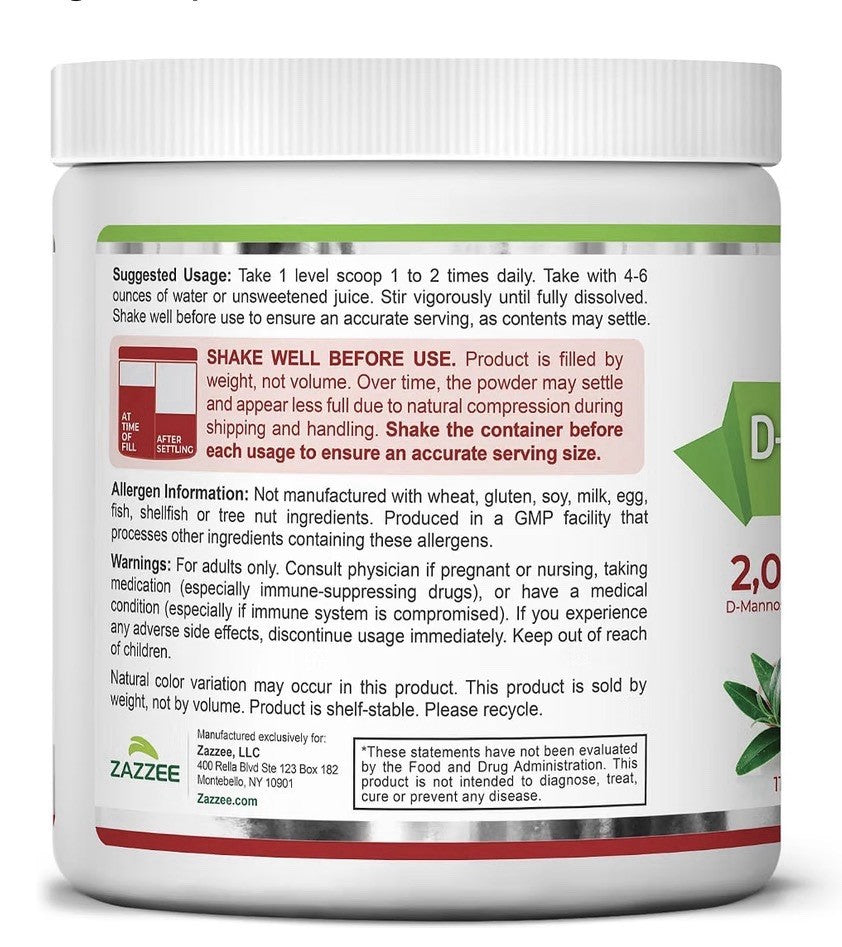 Zazzee D-Mannose Powder Plus With Cranberry & Probiotics 2000 mg 120 Servings