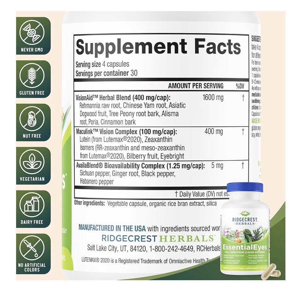 Ridgecrest Herbals EssentialEyes Natural Vitamin Supplement Vision Health 120cap