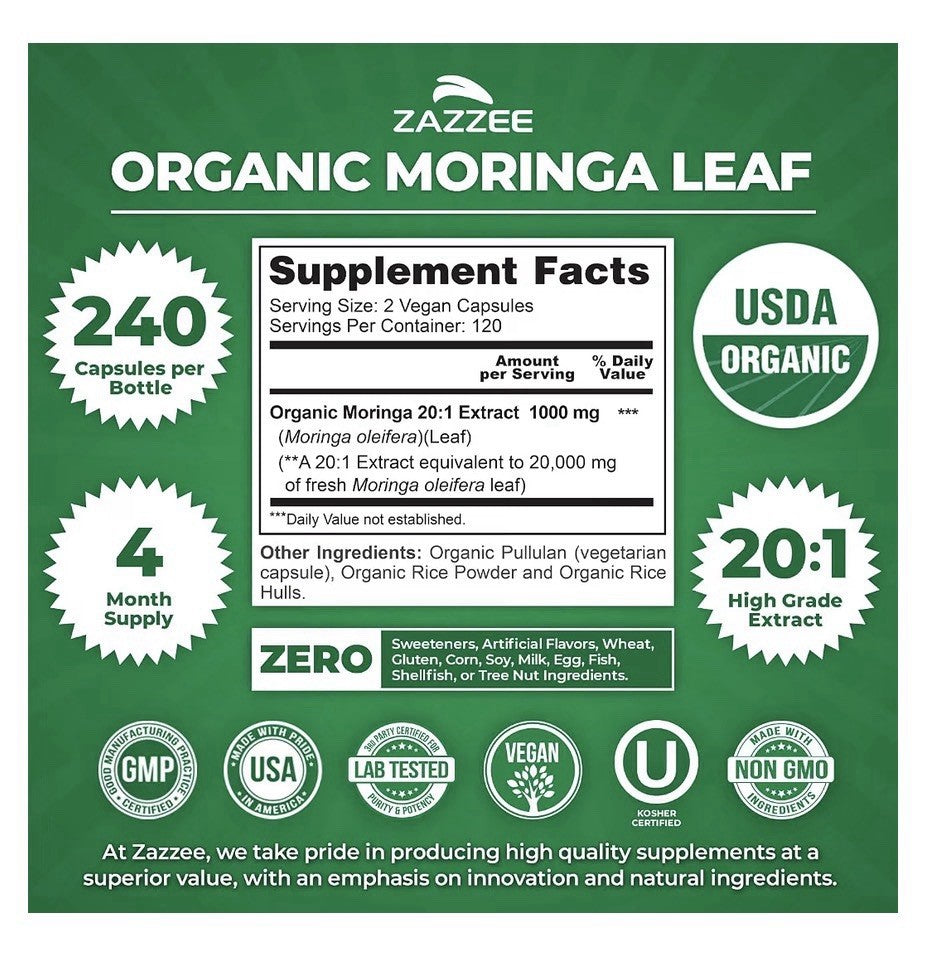 Zazzee Organic Moringa Leaf Antioxidant Rich Source of Phytonutrients 240capsule