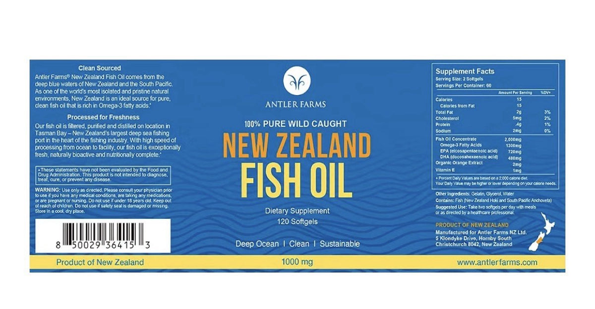 Antler Farms New Zealand Fish Oil 100% Pure Wold Caught from Deep Ocean 120sgel