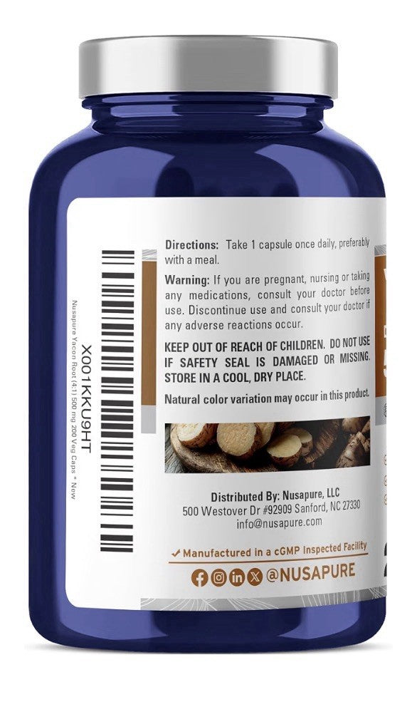 NusaPure Yacon Root 4:1 Extract 500mg Per Capsules Max Strength 200 Veg Capsules